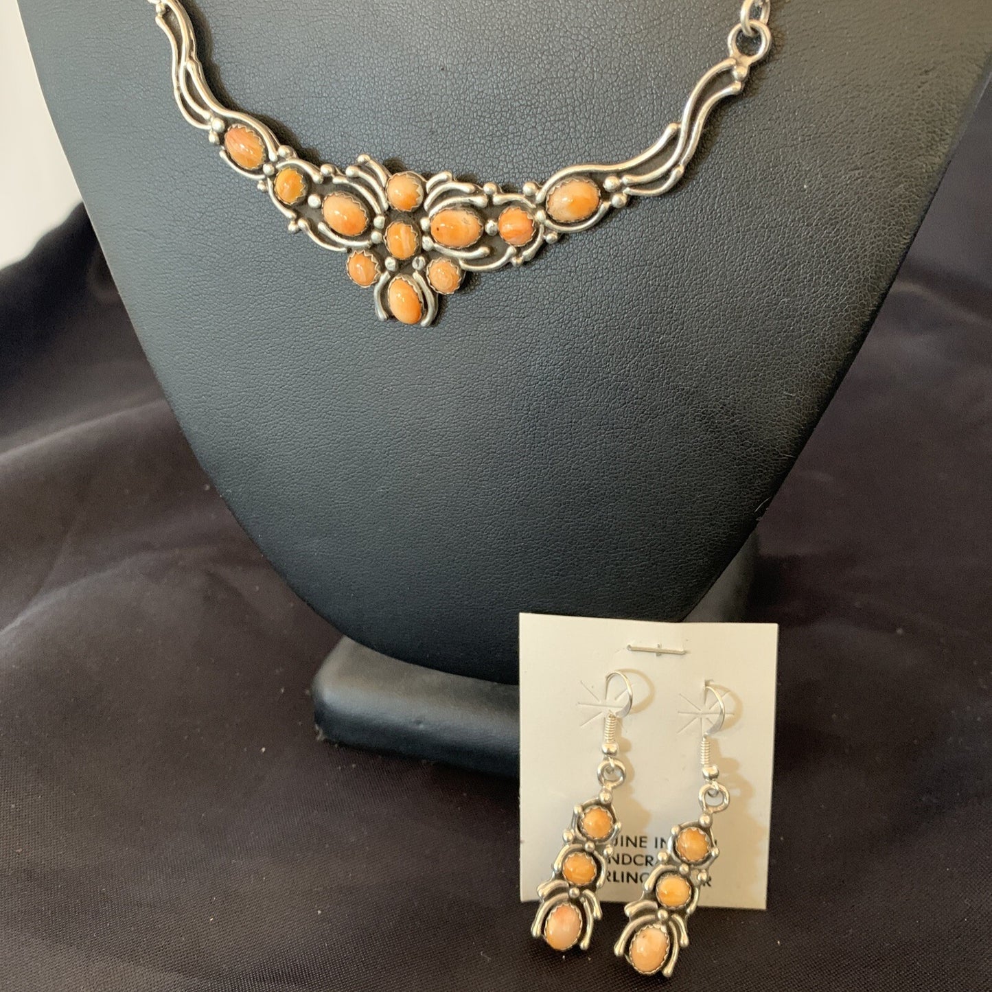 Orange Spiny Oyster Navajo Sterling Silver Necklace & Earrings 02102