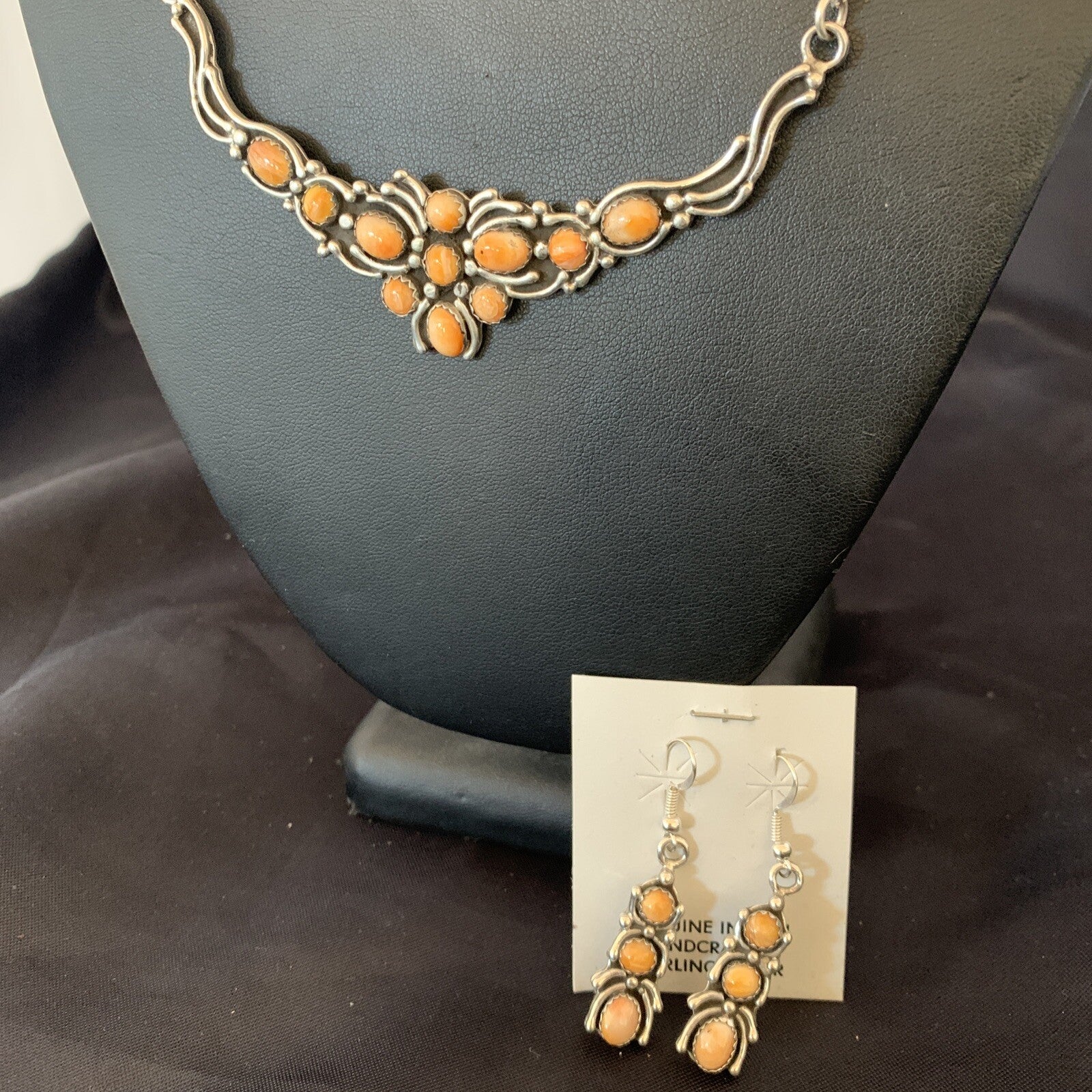Orange Spiny Oyster Navajo Sterling Silver Necklace & Earrings 02102