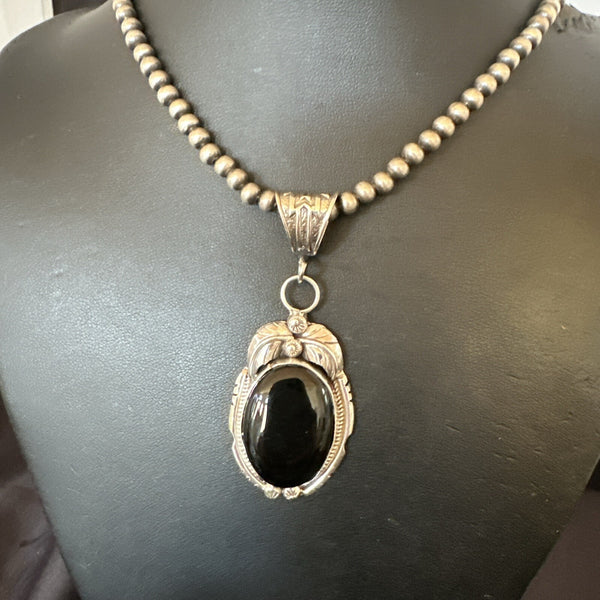 Men's Beads Black Onyx Pendant Necklace | Sterling Silver | Authentic Native American Handmade | 17992