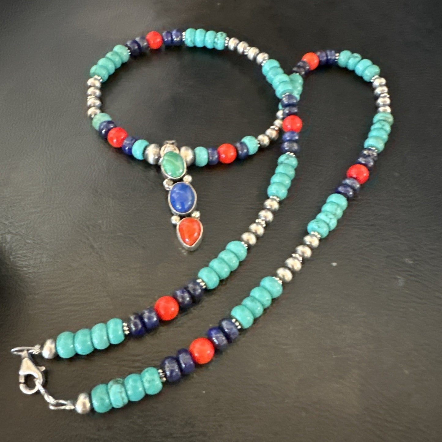Multicolor Turquoise Coral Navajo Sterling Silver Cluster Pendant Necklace 19646