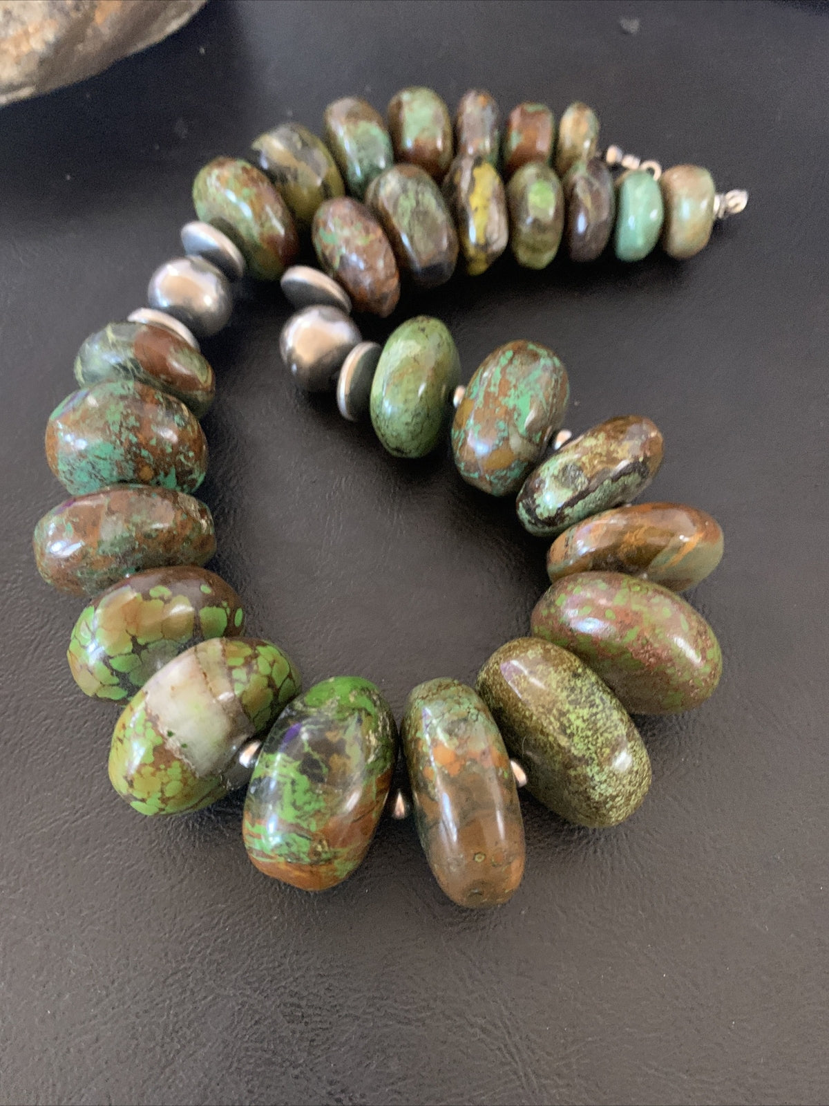 Green Natural Turquoise Chunky Graduated Navajo Sterling Silver Necklace 11765