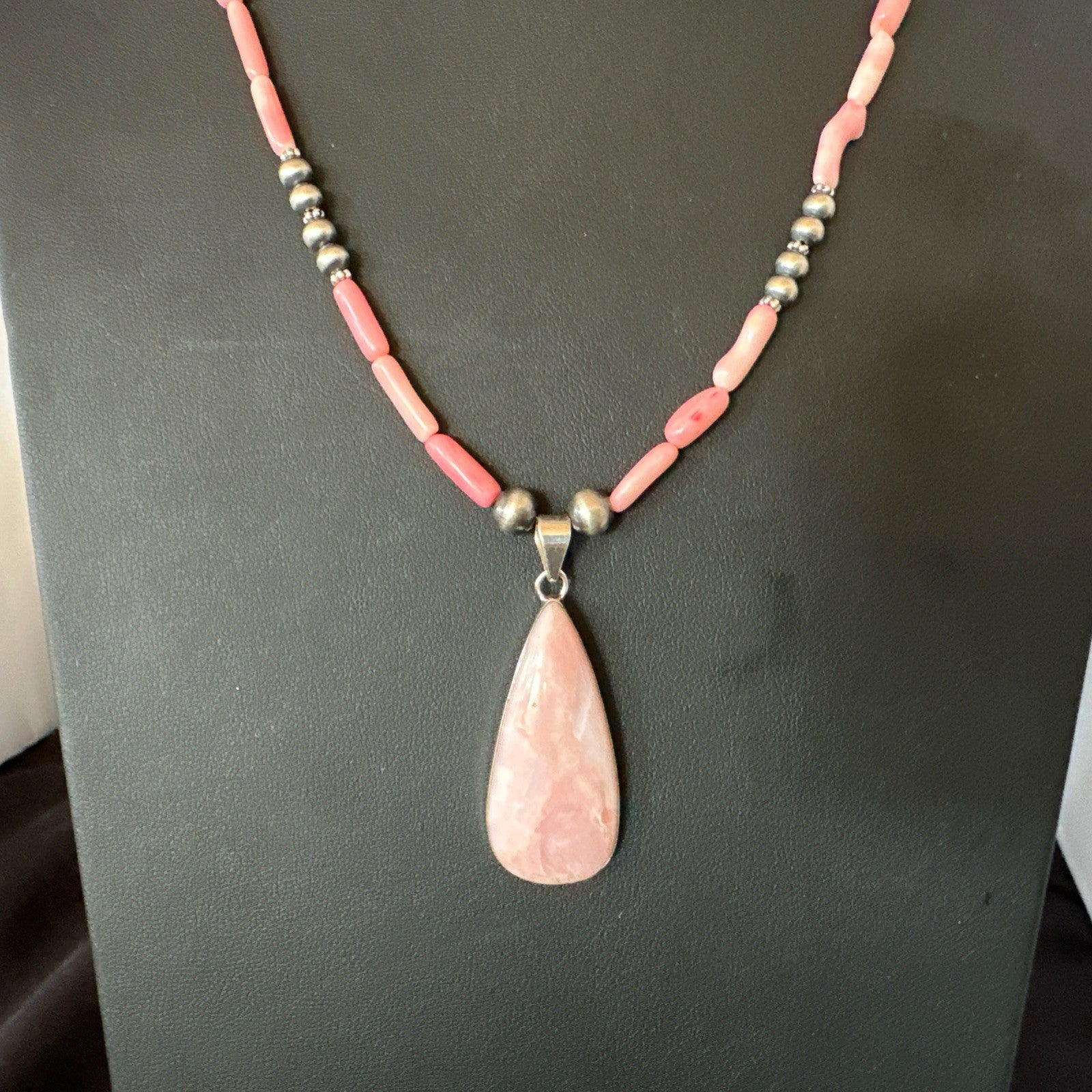 Southwestern Sterling Silver Pink Coral Bead Necklace Quartz Pendant 24" 19589