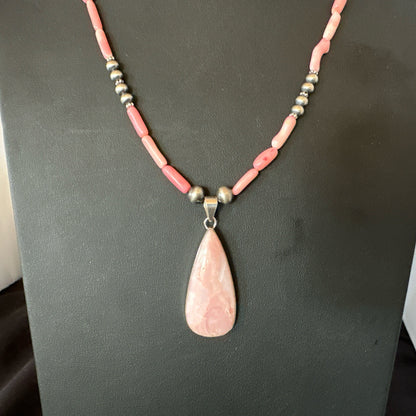 Southwestern Sterling Silver Pink Coral Bead Necklace Quartz Pendant 24" 19589