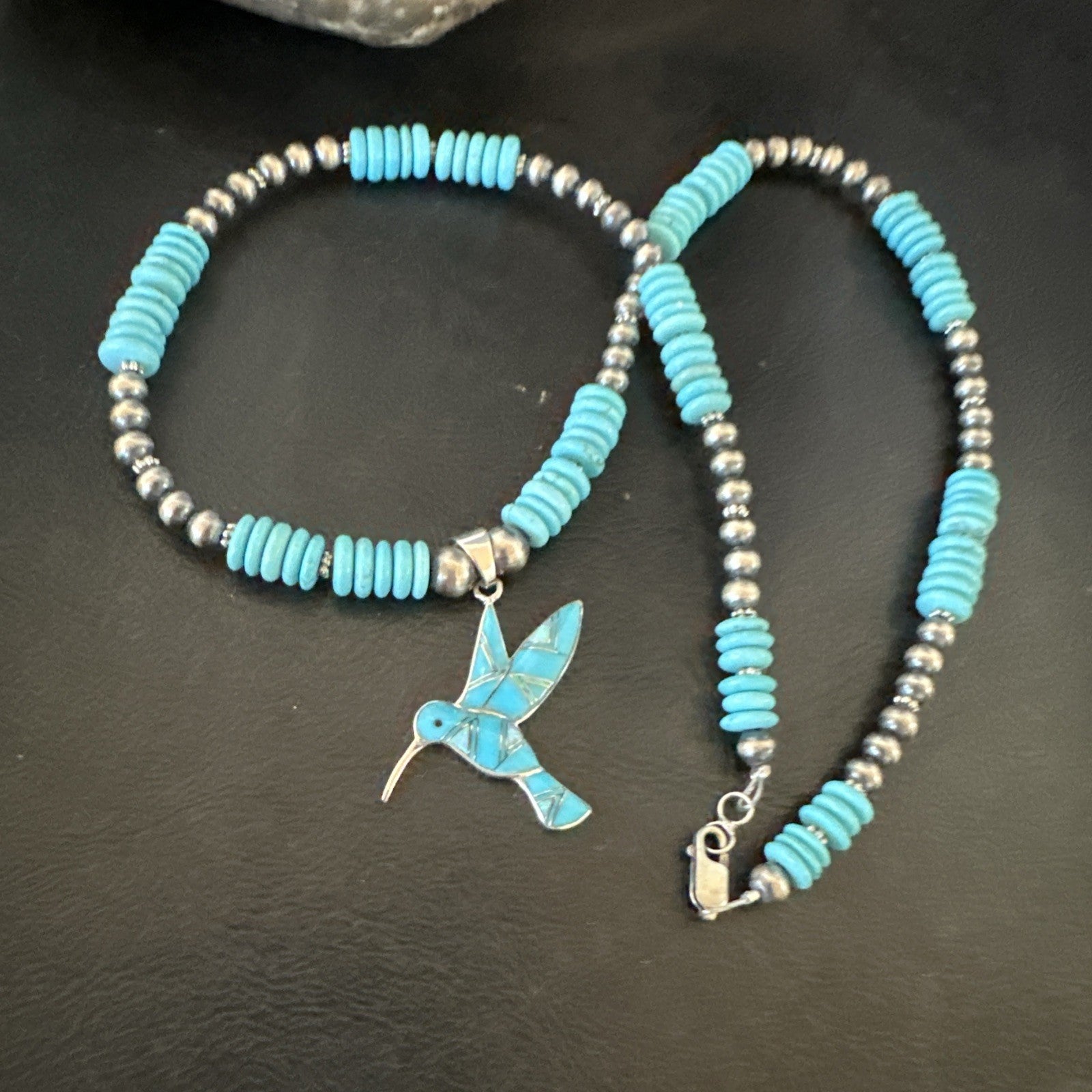 Blue Turquoise Opal HummingBird Inlay Pendant Navajo Sterling Necklace 19500