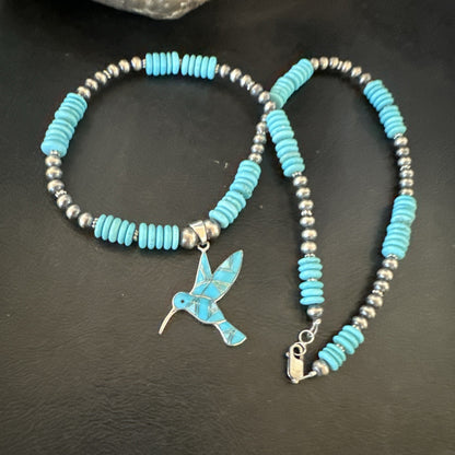 Blue Turquoise Opal HummingBird Inlay Pendant Navajo Sterling Necklace 19500