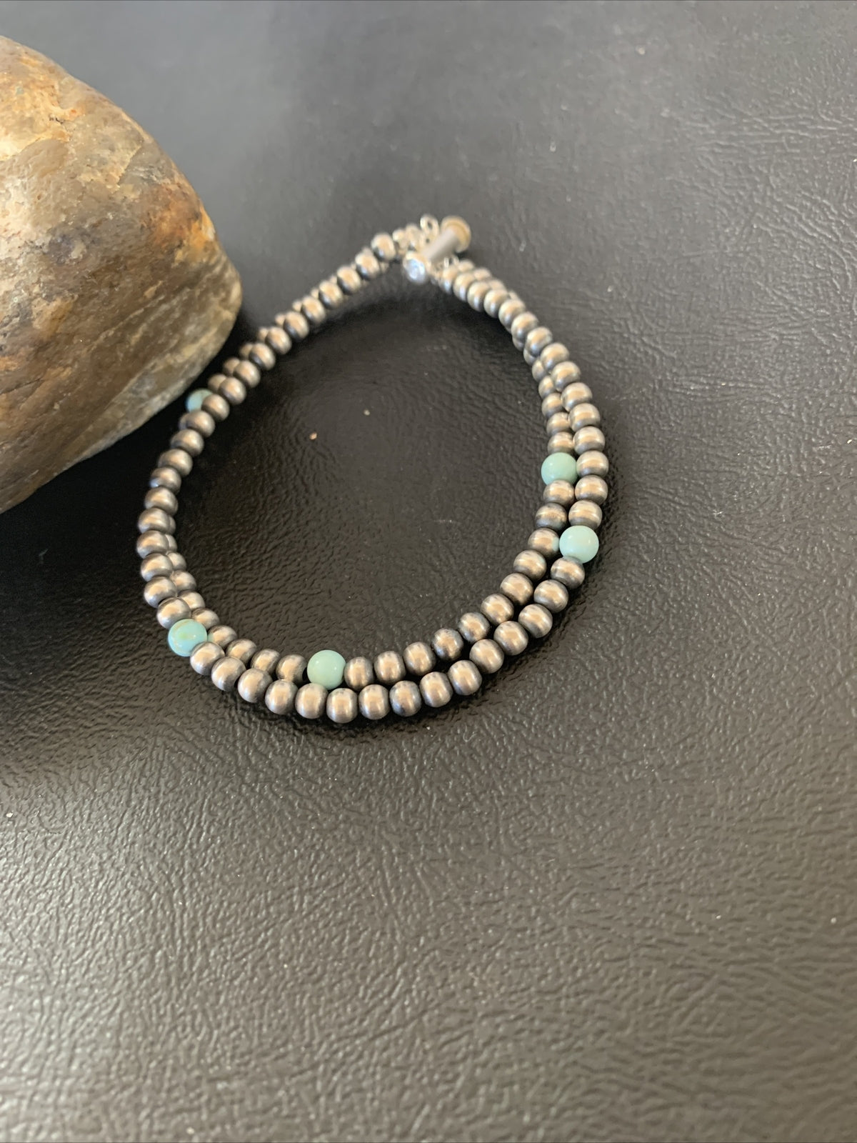 Navajo Sterling Silver Beads Blue Turquoise Bracelet 2 Strand 10083