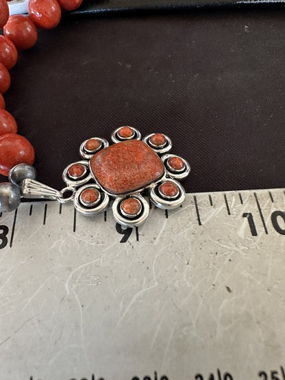Navajo Apple Sponge Coral Sterling Silver Necklace Pendant 18327