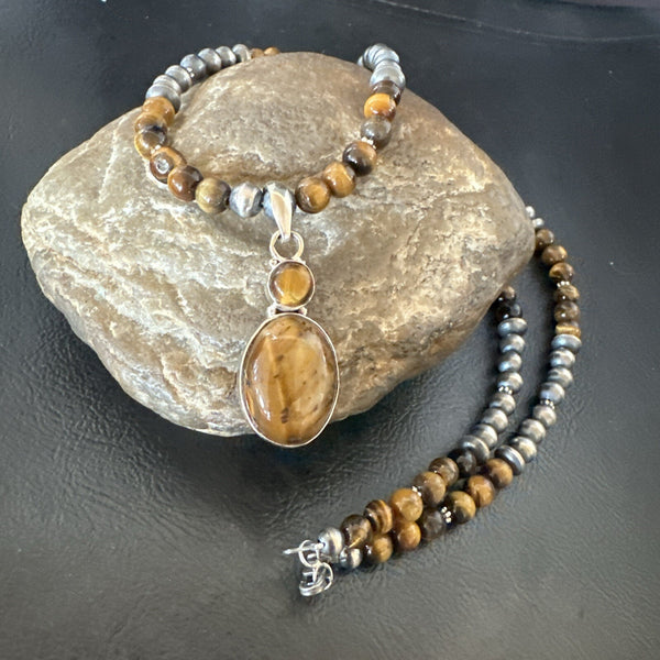 Coffee Brown Tigers Eye Pendant Necklace Southwestern | Sterling Silver | Authentic Native American Handmade | 18279