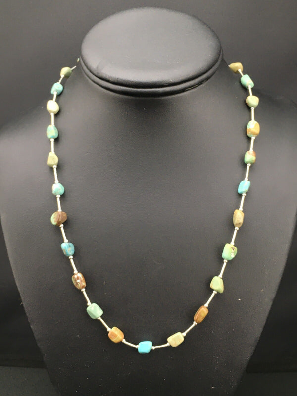Turquoise Heishi Bead Navajo Liquid Necklace 20" | Sterling Silver | Authentic Native American Handmade | 01091