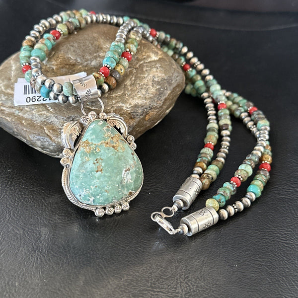Women's Green Royston Turquoise Pendant Navajo Necklace | Sterling Silver | Authentic Native American Handmade | 12290
