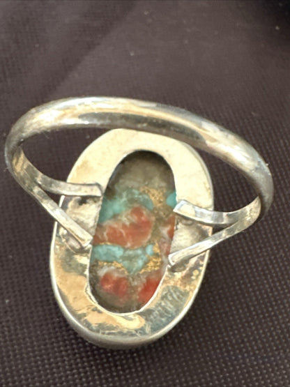 Blue Turquoise Orange Spiny Oyster Navajo Sterling Silver Ring Size 10 18207