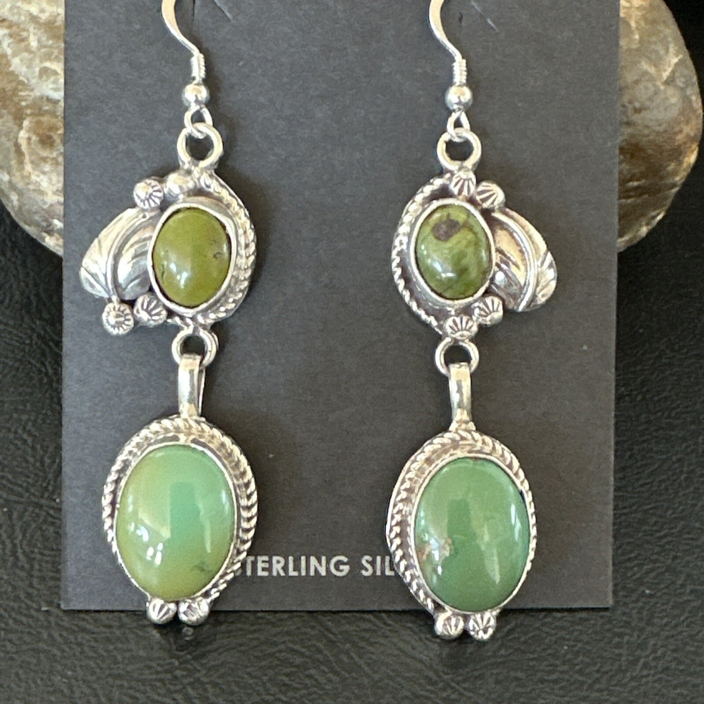 Native Navajo Green Turquoise Sterling Silver Dangle Earrings 2” 17694