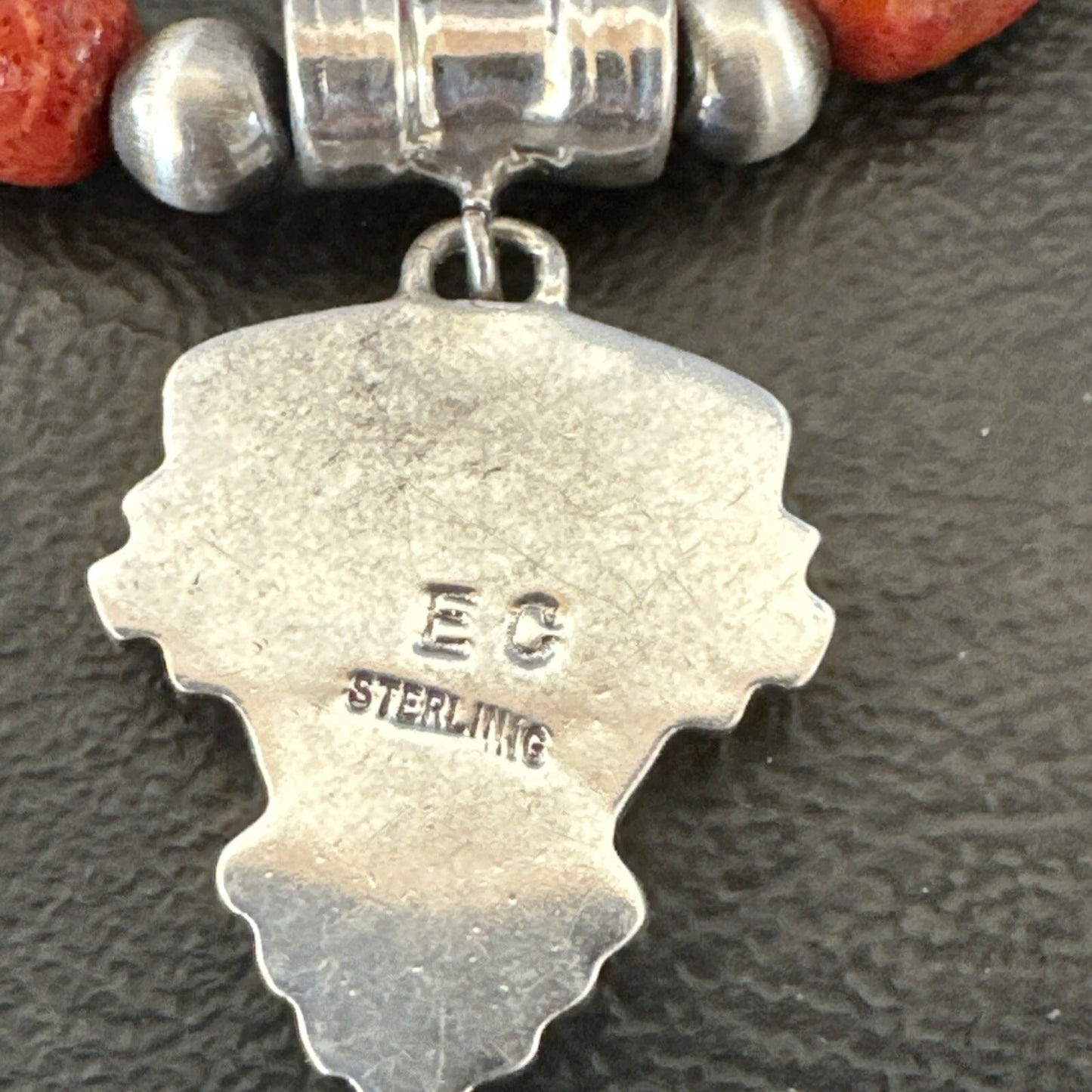 Navajo Apple Sponge Coral Sterling Silver Necklace Inlay Pendant 21” 18685