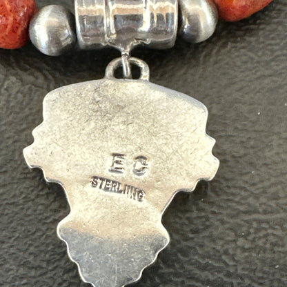 Navajo Apple Sponge Coral Sterling Silver Necklace Inlay Pendant 21” 18685