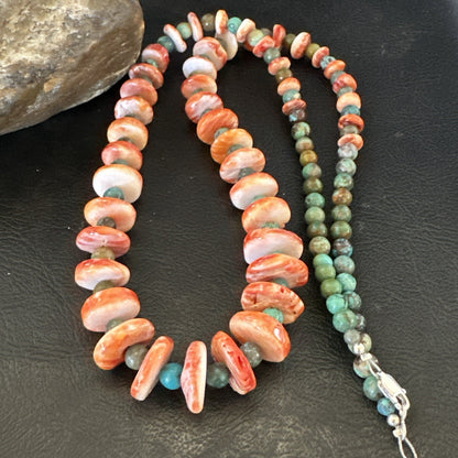 Red Spiny Oyster Green Turquoise 23” Long Navajo Sterling Silver Necklace 17762