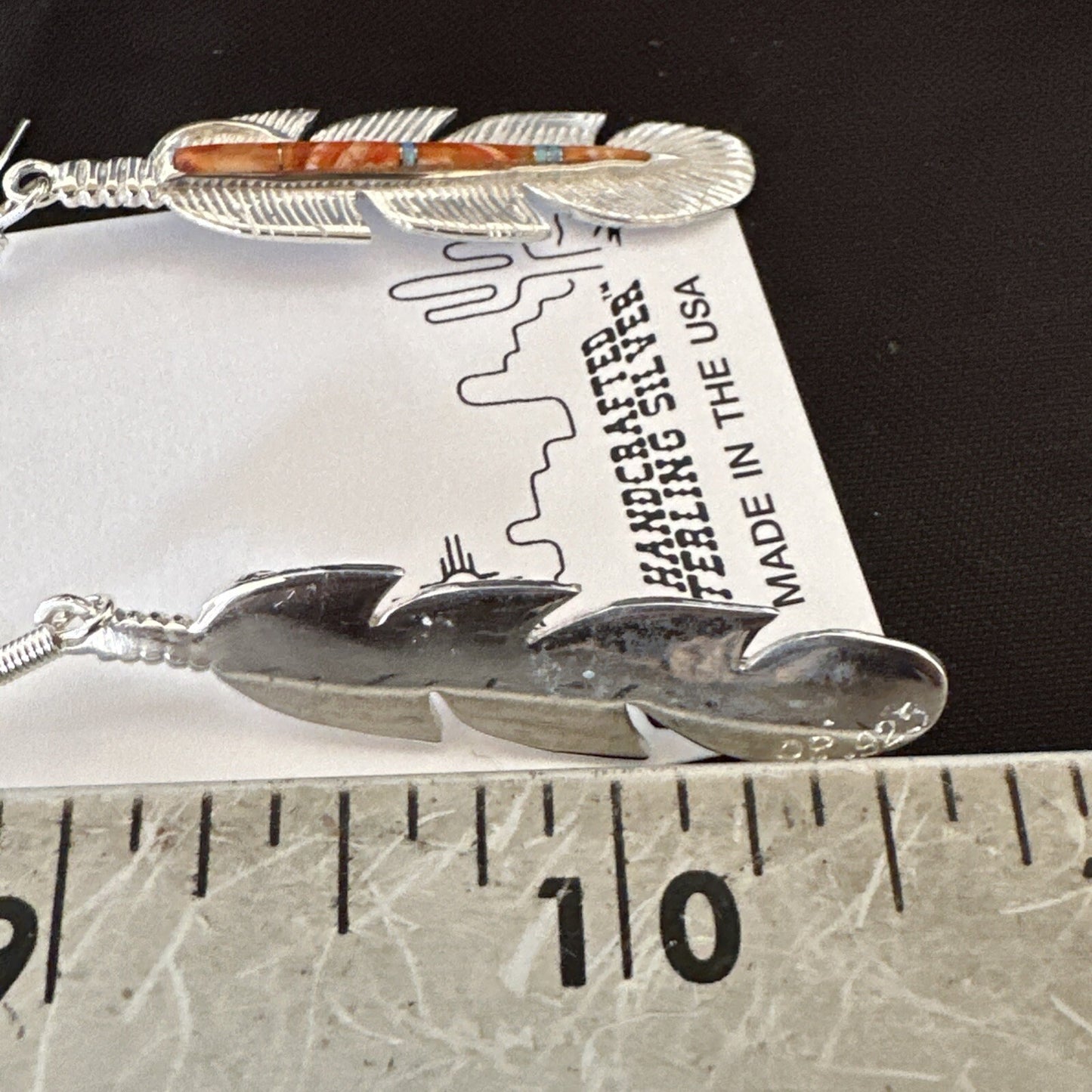 Orange Spiny Oyster Opal Sterling Silver Handmade Inlay Feather Earrings 18695
