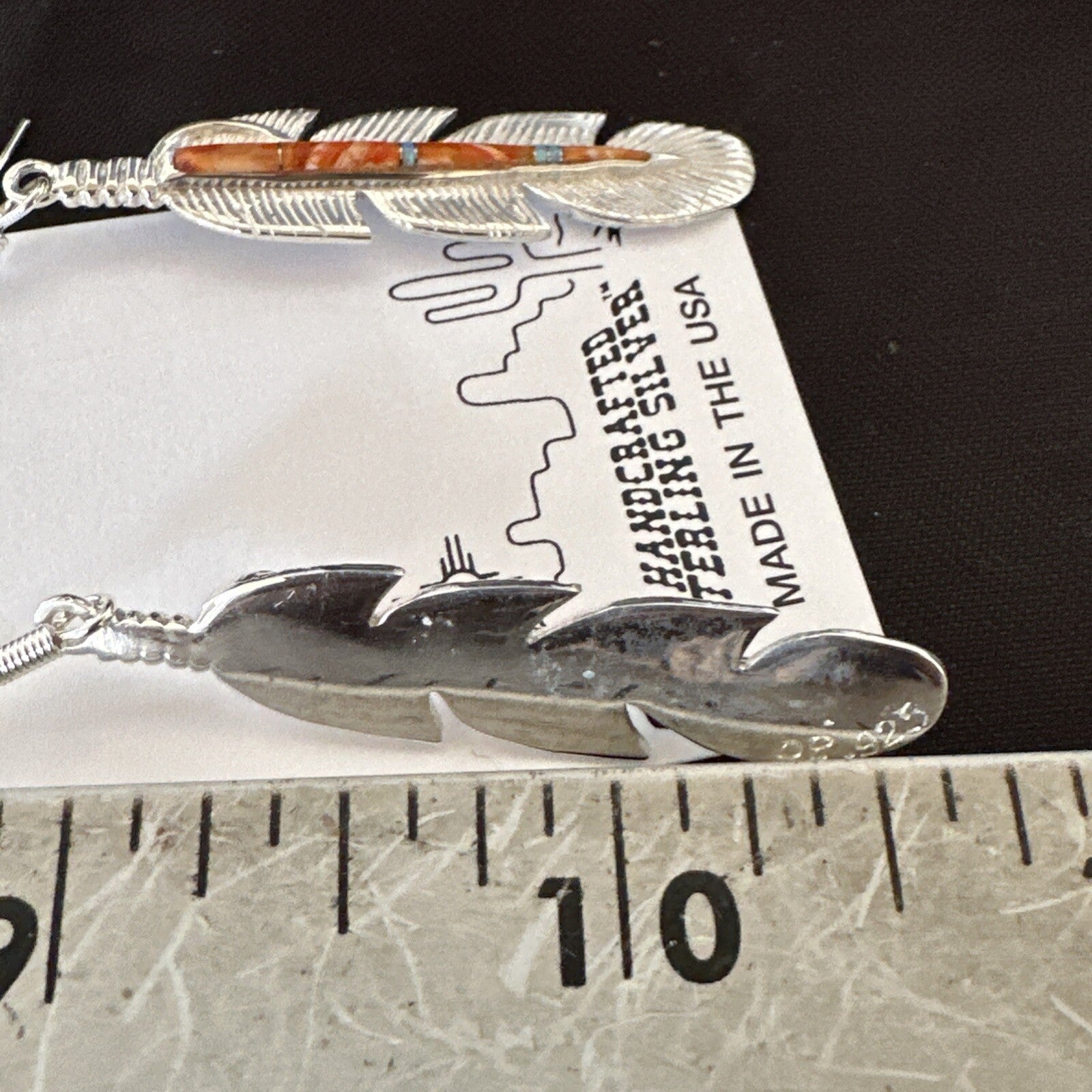 Orange Spiny Oyster Opal Sterling Silver Handmade Inlay Feather Earrings 18695