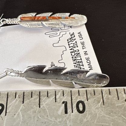 Orange Spiny Oyster Opal Sterling Silver Handmade Inlay Feather Earrings 18695