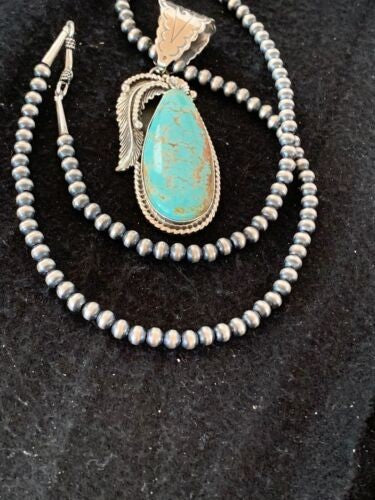 Men's Turquoise#8 Pendant | Navajo Pearls Sterling Silver Necklace 19721