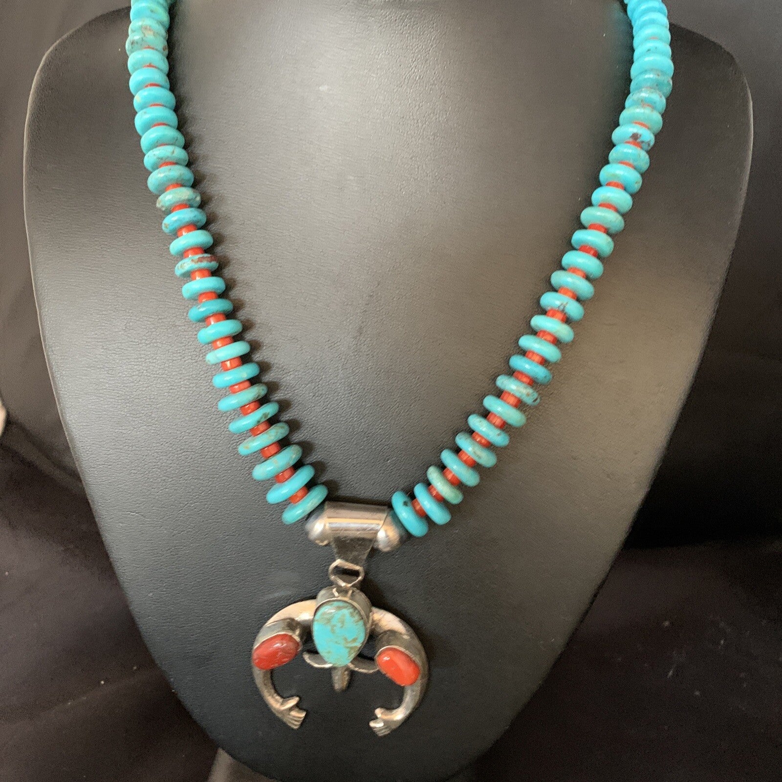 Royston Navajo Sterling Silver Blue Turquoise Coral Necklace Naja Pendant 13745