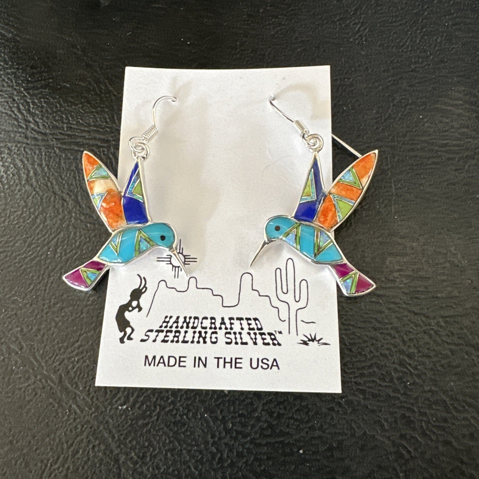 Blue Turquoise Spiny Opal Sterling Silver Hummingbird Dangle Earrings 19132