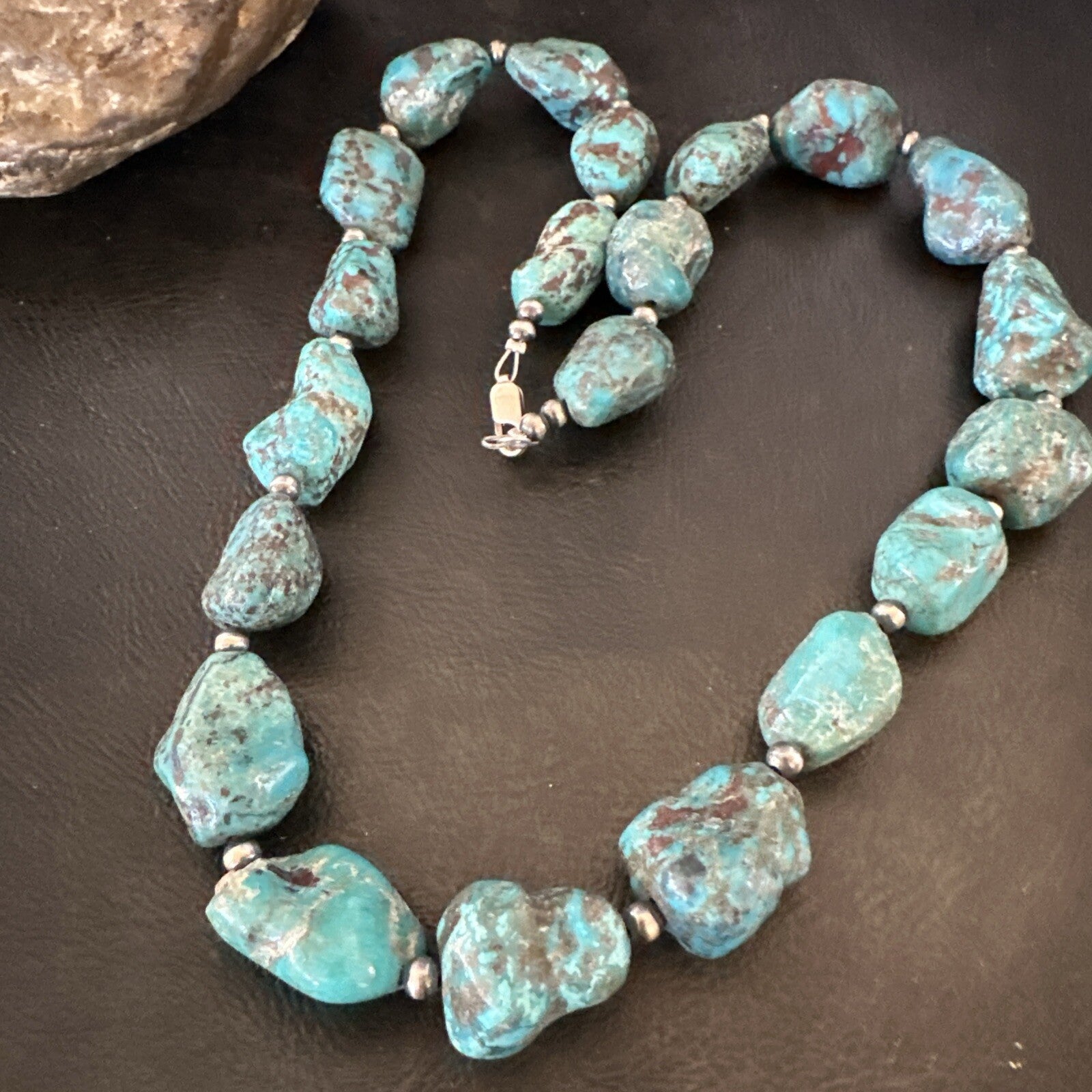 Mens Womens Chunky Blue Nugget Turquoise Navajo Sterling Silver Necklace 18673