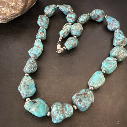 Mens Womens Chunky Blue Nugget Turquoise Navajo Sterling Silver Necklace 18673