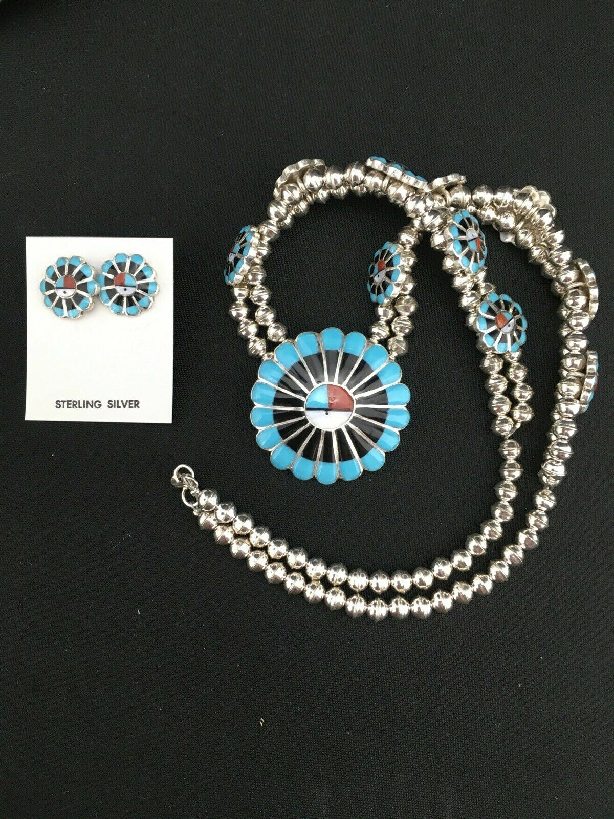 Sun Face Turquoise Inlay Zuni Sterling Silver Squash Necklace & Earrings 01308N