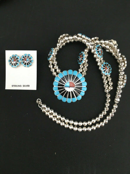Sun Face Turquoise Inlay Zuni Sterling Silver Squash Necklace & Earrings 01308N