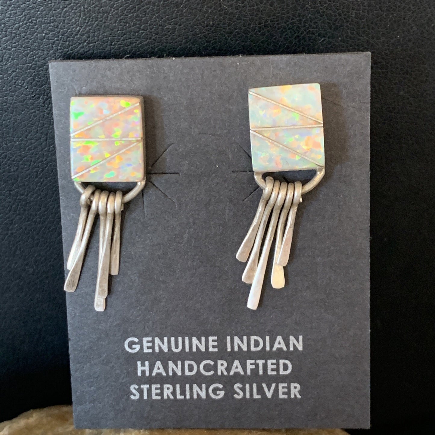 Womens White Opal Inlay Navajo Sterling Silver Dangle Post Earrings 0.5" 12765