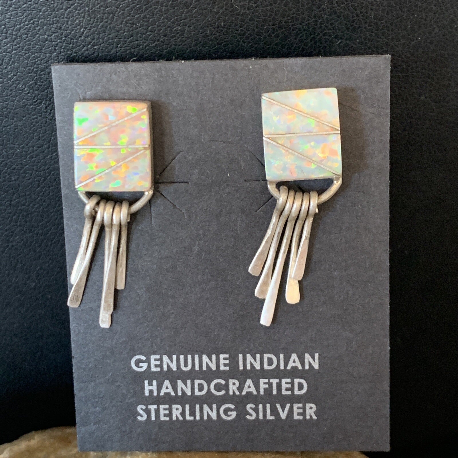 Womens White Opal Inlay Navajo Sterling Silver Dangle Post Earrings 0.5" 12765