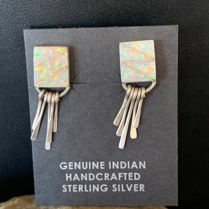 Womens White Opal Inlay Navajo Sterling Silver Dangle Post Earrings 0.5" 12765