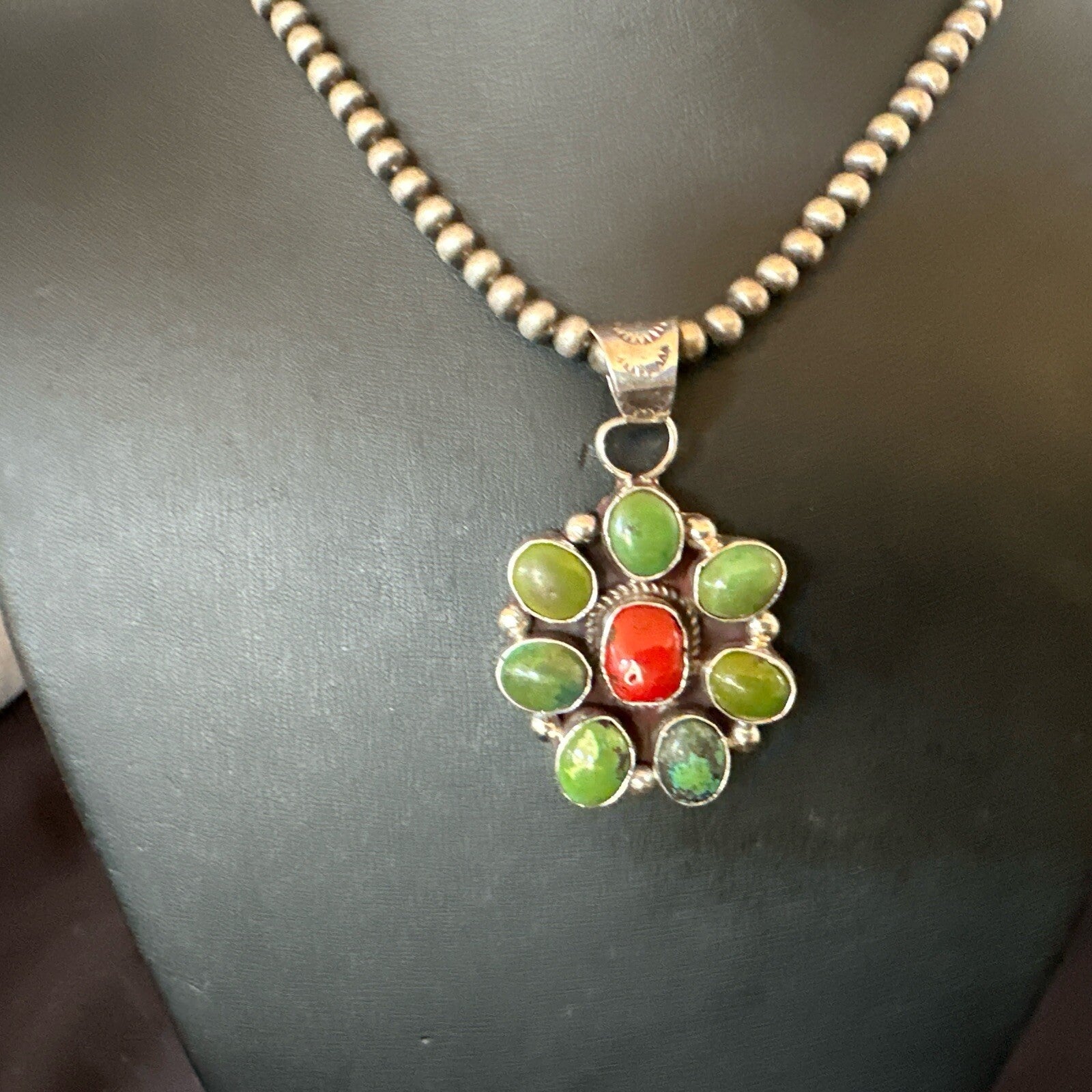 Navajo Sterling Cluster Red Turquoise Pendant Necklace 17713