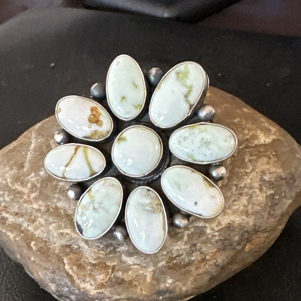 Women Blue Dry Creek Turquoise Cluster Navajo Ring Sz 9 | Sterling Silver | Authentic Native American Handmade | 17772