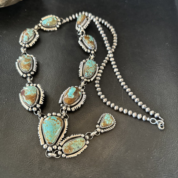 Men's Blue Turquoise #8 Navajo Pearls Lariat Necklace 28" | Sterling Silver | Authentic Native American Handmade | 18819