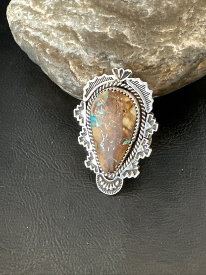 Navajo Sterling Silver Ribbon Boulder Green Turquoise Ring Size 11.5 19614
