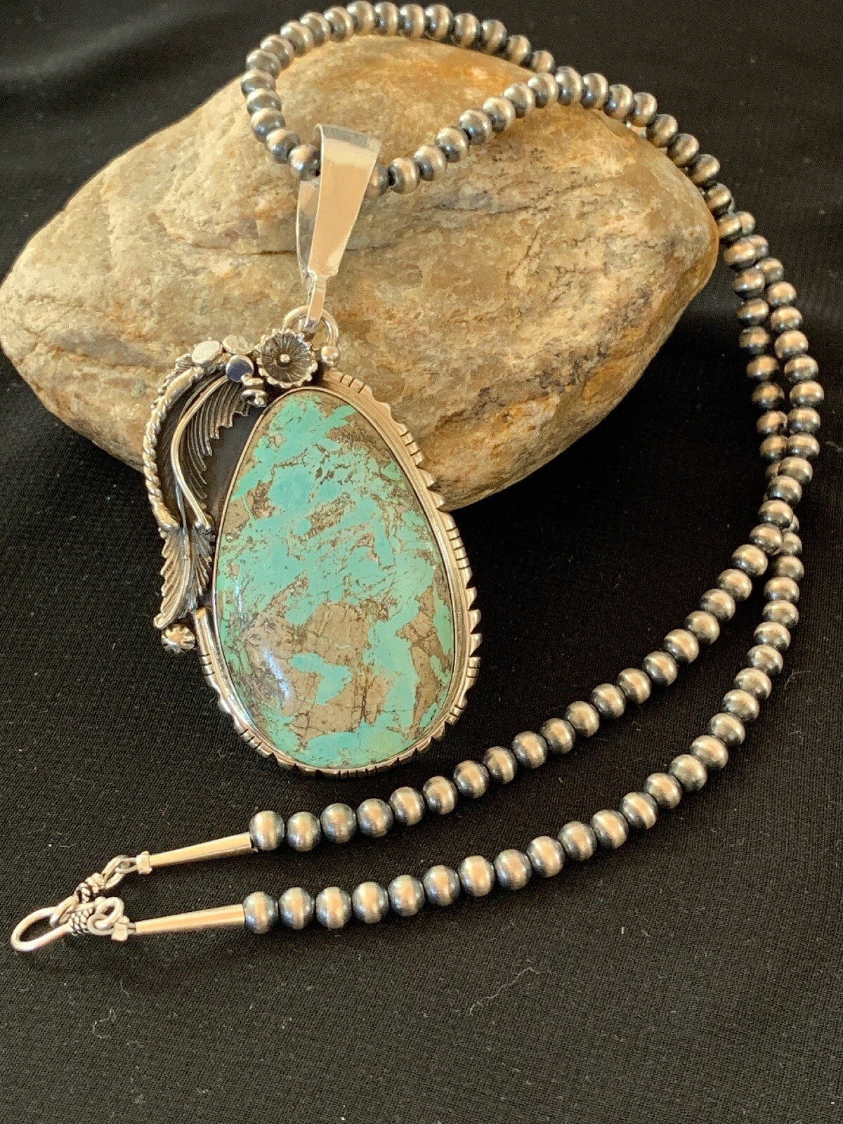 Mens Blue Turquoise Pendant Sterling Silver Necklace 02565