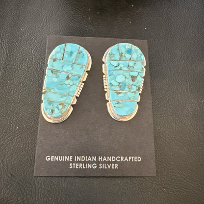 New Inlay Blue Kingman Turquoise Sterling Silver Earrings 1.5” 19097