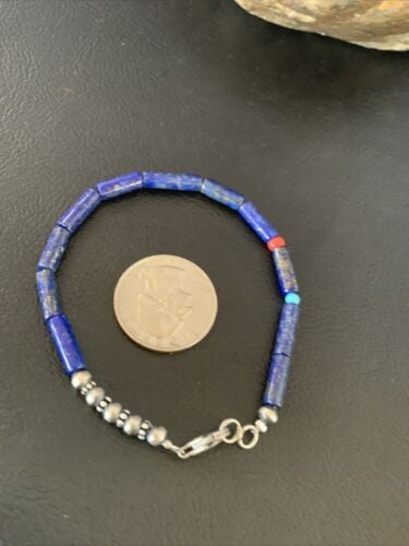 Navajo Lapis Turquoise Coral Beaded Bracelet Sterling Silver 7" 13117