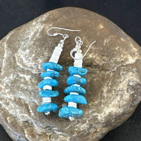 Navajo Blue Kingman Turquoise Nugget Bead Earrings | Sterling Silver | Authentic Native American Handmade | 17844