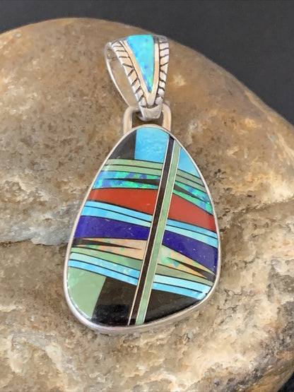 Womens Turquoise Coral & Opal Navajo Sterling Silver Inlay Pendant 12494