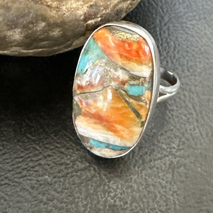 Blue Turquoise Spiny Oyster Navajo Sterling Silver Ring Size 8 18252