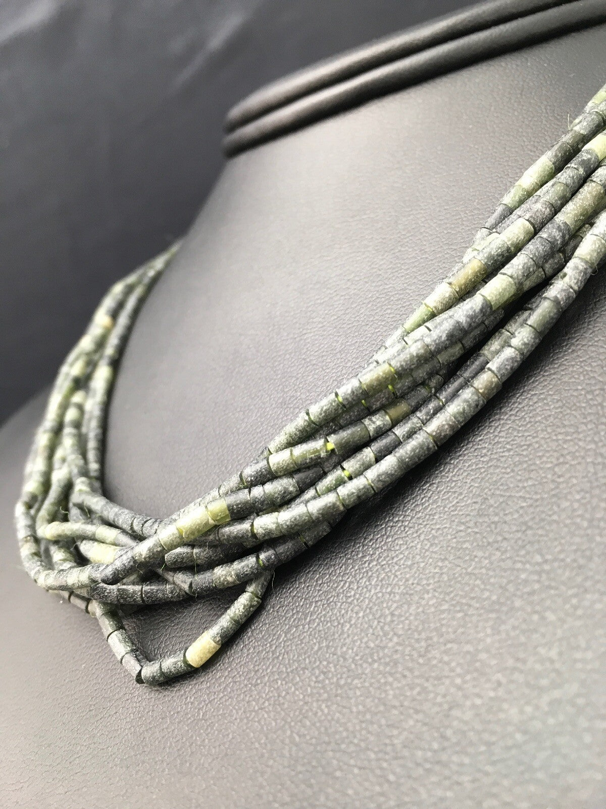 Southwestern Green Agate Heishi 10 Strand Sterling Silver Necklace 16" 04351