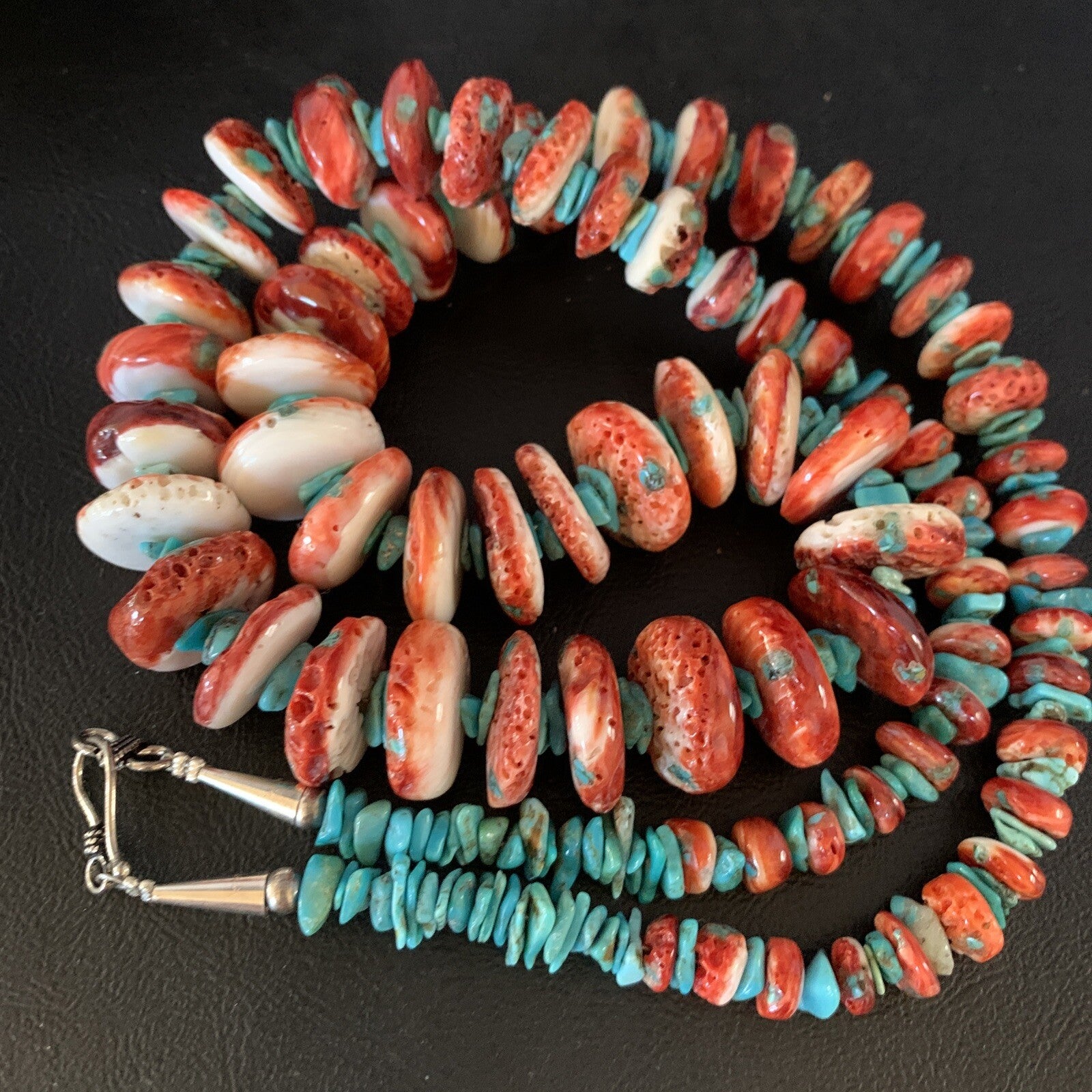 Womens Blue Turquoise & Red Spiny Oyster Navajo Sterling Silver Necklace 00114