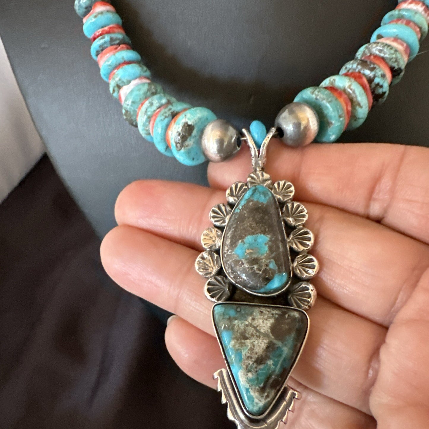 Blue Kingman Turquoise Spiny Navajo Sterling Silver Pendant Necklace 23” 17690