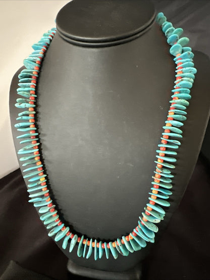 Blue Turquoise Red Spiny Oyster Navajo Pearls Sterling Silver Necklace 21" 19318