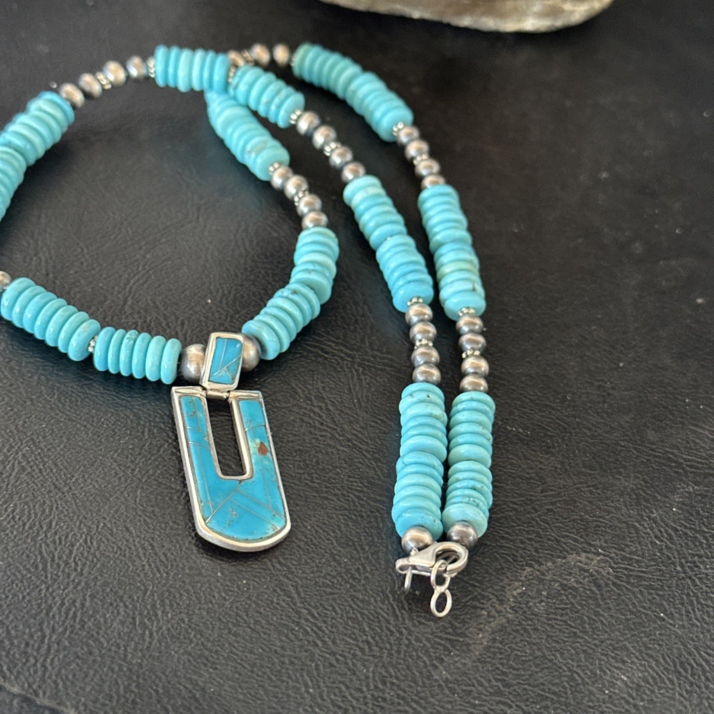 Blue Turquoise Inlay Pendant Navajo Sterling Silver Necklace 20" 19712