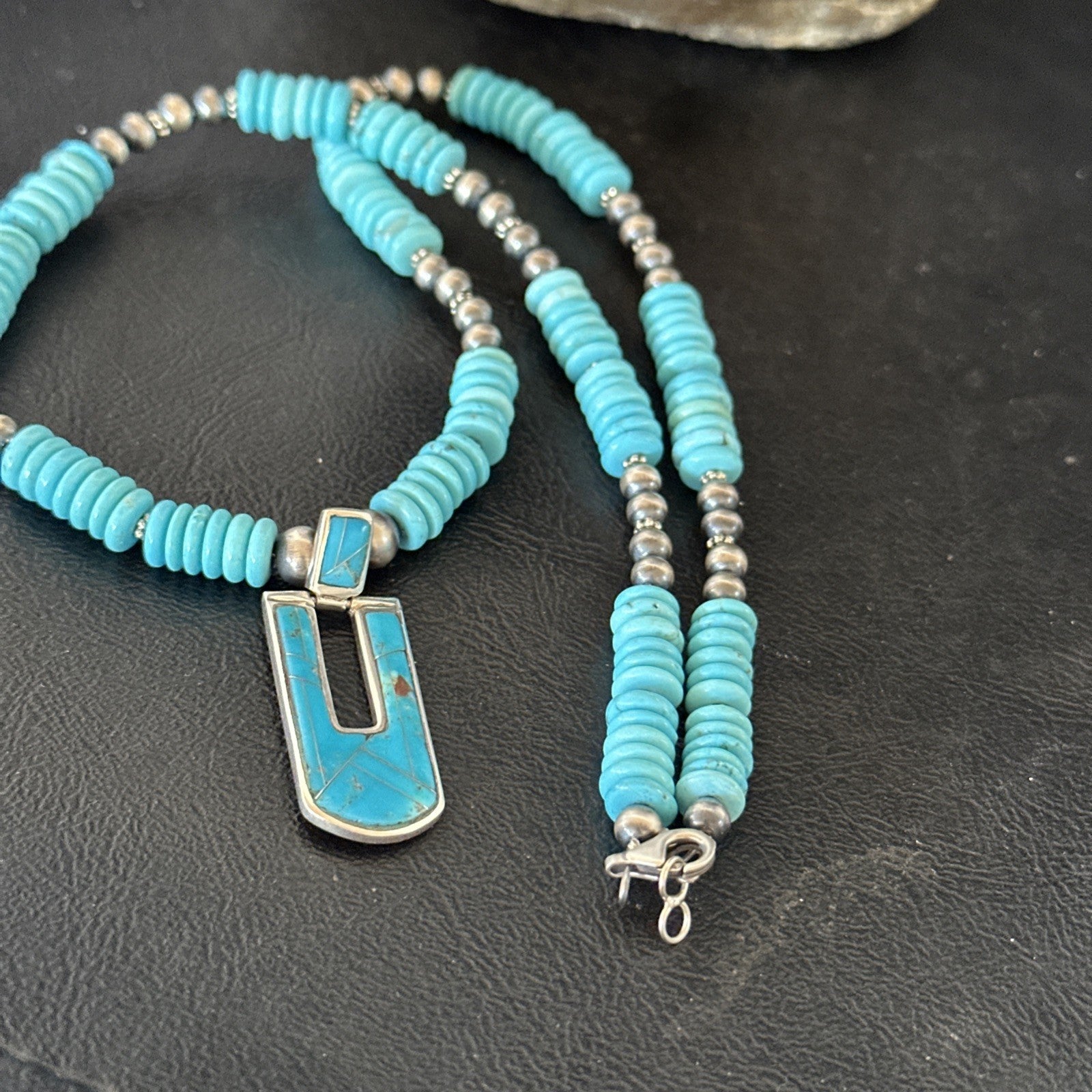 Blue Turquoise Inlay Pendant Navajo Sterling Silver Necklace 20" 19712