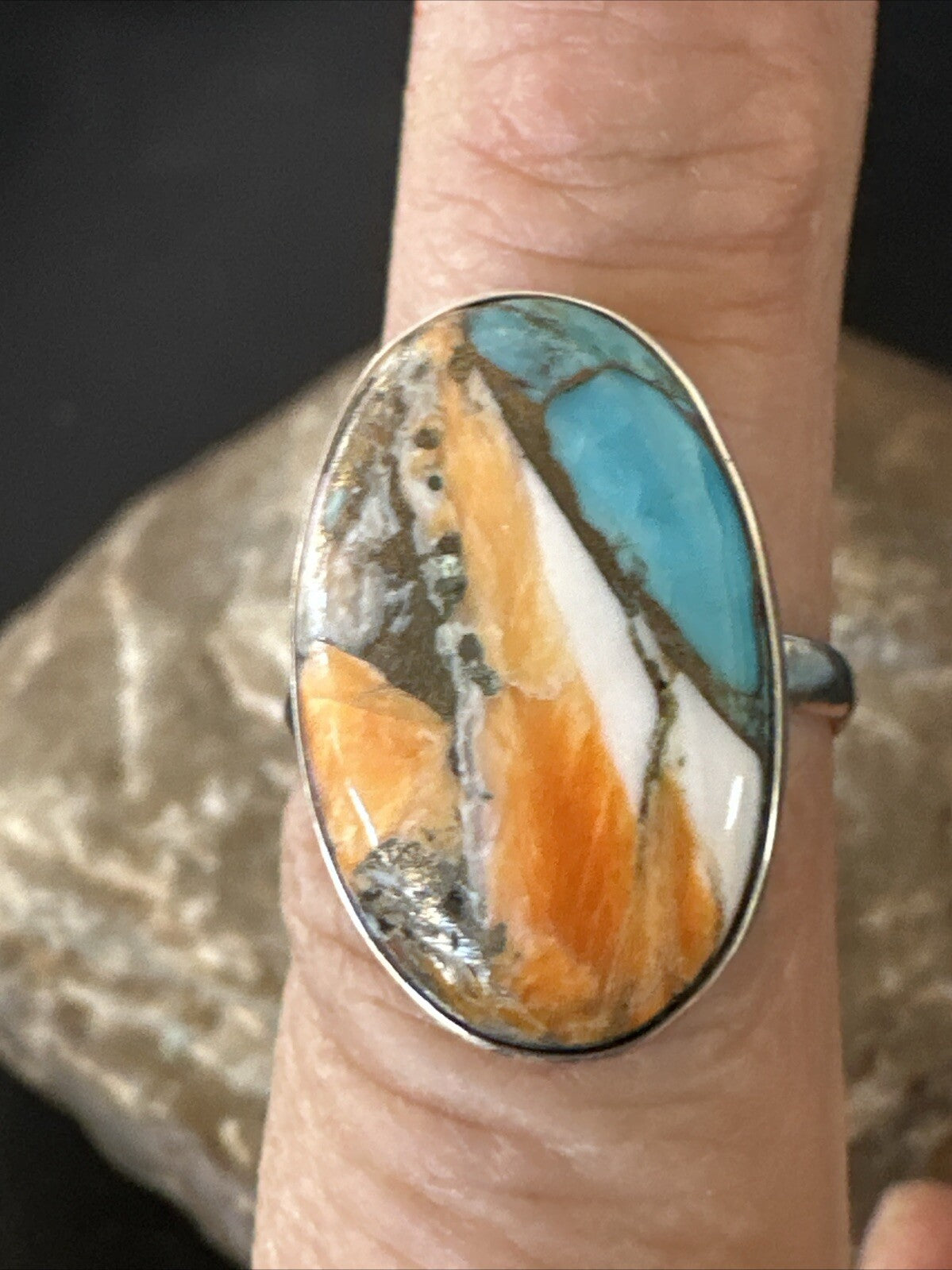 Blue Turquoise Spiny Oyster Southwestern Sterling Silver Ring Size 8 18430