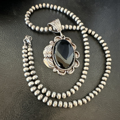 Mens Womens Black Onyx Pendant Navajo Sterling Silver Beads Necklace 18306